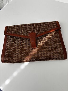 Italian Brown and Gold Canvas Monogram Envelope Clutch with Vegan Leather Trim